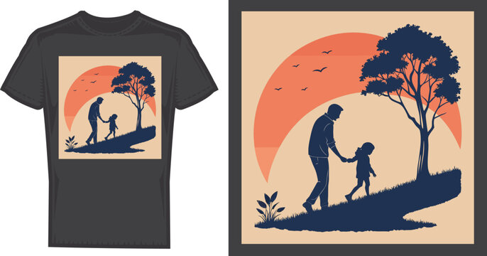 Father-Child T-shirt design: A poignant father-child silhouette, ascending a gentle slope towards a vibrant sunset, embodies paternal love and guidance in a serene design.