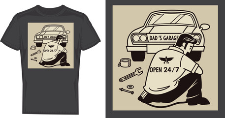 "Dad's Garage: A vintage-style illustration featuring a man and car, the embodiment of automotive repair and open-around-the-clock service.