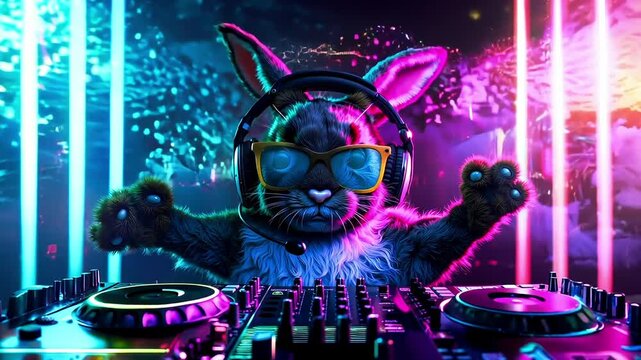A rabbit wearing headphones and sunglasses playing a dj set
