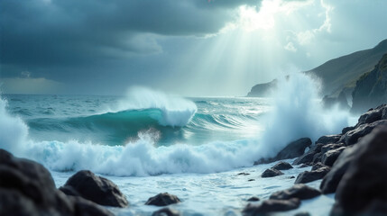 Dramatic Waves Crashing Against Rocky Shoreline