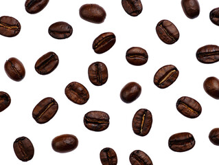 Scattered roasted coffee beans isolated on a transparent background