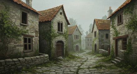 Fototapeta premium Whispers of Time: A quaint village street, lined with stone houses and cobblestone pathway, whispers tales of history, weathered by time and adorned with nature's embrace.