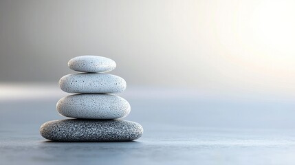 A stack of four gray pebbles on a gray surface with a blurred background.