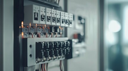Close-up of a modern home electrical panel with circuit breakers neatly labeled and organized