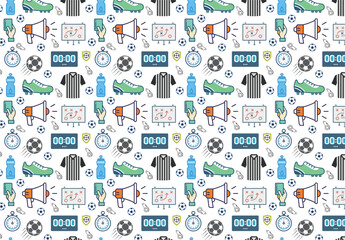 American Football seamless vector pattern. Sports equipment background. Football helmet, foam finger, trophy, whistle. Use for fabric, wallpaper, surface pattern design, sports wear
