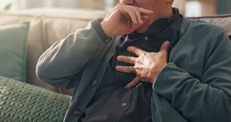 Home, hands and old man with chest pain, cough and cardiac symptoms in lounge. Closeup,...
