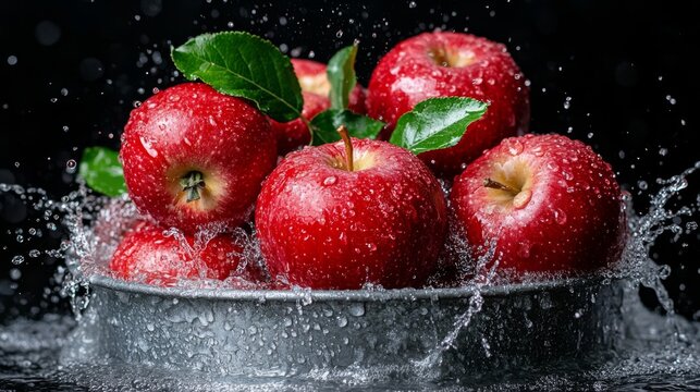 Dynamic splash of fresh red apples in bowl studio food photography dark background close-up vibrant colors