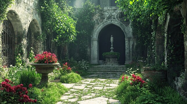 A serene courtyard with stone walls, lush greenery, flowers, and a statue fountain in the background
