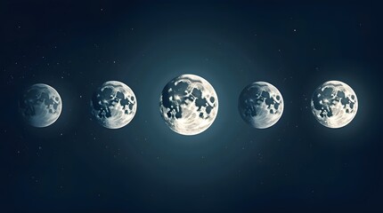 Five full moons aligned against a starry night sky. Celestial, lunar phases, astronomy concept. Best for science, space, and mystical themes.