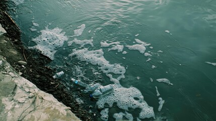 Fototapeta premium Contaminated lake water flowing into a river, carrying plastic bottles and industrial pollutants