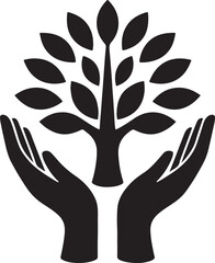 Silhouette of two hands embracing a tree, symbolizing nature love, environmental care, sustainability, protection, and green living.