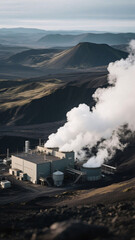 Fototapeta premium Steam billows from a geothermal plant surrounded by lava fields in Iceland, captured in ultra-realistic detail and premium quality