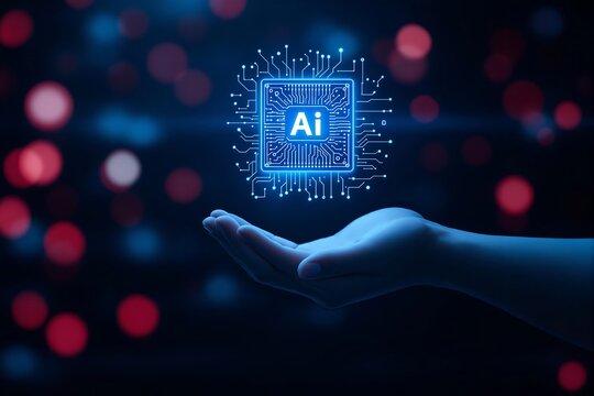 Artificial intelligence chip floating above a hand representing technological advancements - Powered by Adobe