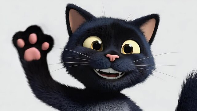 Animated Black Cat Waving Paw, Cartoon Style