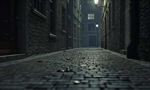 Dark Atmospheric Alleyway Scene With Blood And Fallen Objects On Cobblestone Street At Night
