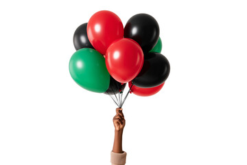 A set of expressive Juneteenth graphics with balloons of liberation colors released by hands in motion isolated on a transparent background