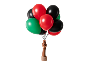 A set of expressive Juneteenth graphics with balloons of liberation colors released by hands in motion isolated on a transparent background