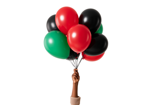 A set of expressive Juneteenth graphics with balloons of liberation colors released by hands in motion isolated on a transparent background - Powered by Adobe