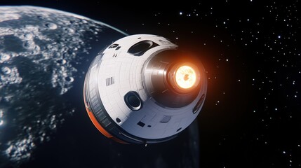 Spacecraft orbiting the Moon, showcasing its design and propulsion in a starry backdrop