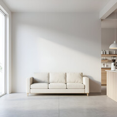 Clean, modern, and spacious design of a minimalist coffee shop. Perfect for advertising interior design, coffee shops, or furniture brands.