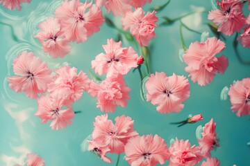 Delicate pink flowers float serenely on a teal background.