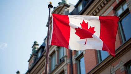 Canadian flag proudly displayed on the facade of a historic building, symbolizing national heritage and patriotism. Ideal for travel, cultural, and educational materials focusing on Canadian identity.