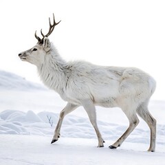 Obraz premium White-tailed deer, a wild mammal, isolated on white with winter snow and brown antlers