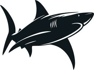 Vector illustration of a stylized shark silhouette in a swimming pose. The design features clean, bold lines and a minimalist black-and-white aesthetic, perfect for logos, tattoo designs, sports team 