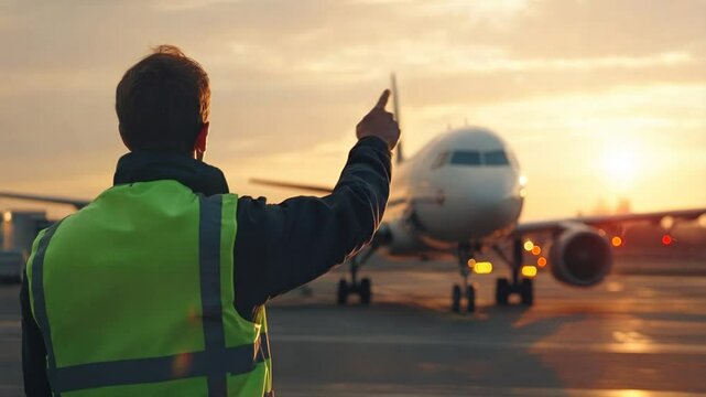 An airport worker in a reflective vest signals to an airplane preparing for takeoff against a stunning sunset backdrop. The atmosphere is bustling and filled with anticipation.
