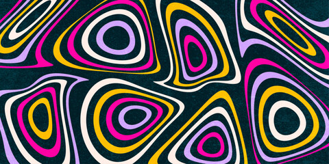 Retro Background with Colorful Wavy Circles and Grunge Texture, Groovy, Geometric Background, Bright Lines, Vector