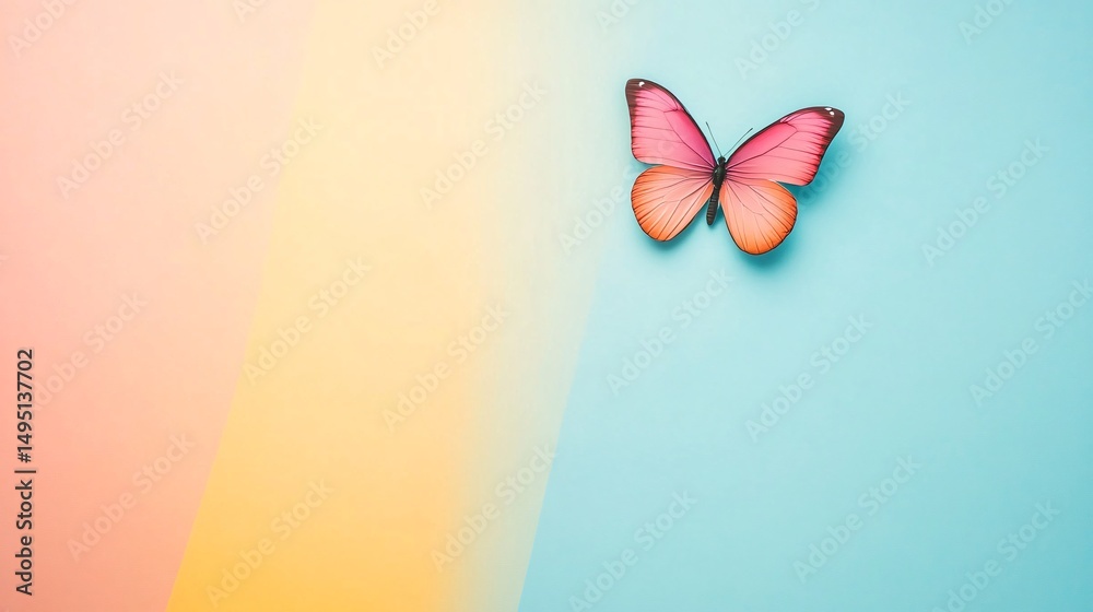 Poster pink butterfly is seen perched on a vibrant multicolored background, creating a cheerful and visuall