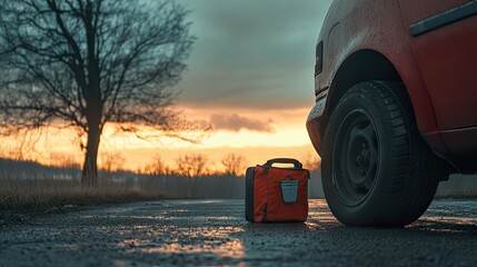 Flat tire on a car with a roadside emergency kit placed nearby, captured during golden hour