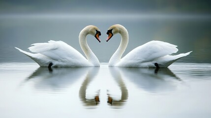 Fototapeta premium Graceful Swans Swimming in Tranquil Waters, Serene Natural Scenery