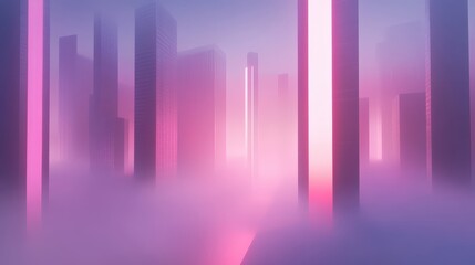 Futuristic city skyline shrouded in fog with glowing pillars and soft pastel colors