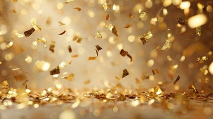 Golden confetti floating in a soft bokeh background, perfect for celebrations and high-end festive themes