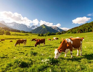 Fototapeta premium Cows grazing in the mountains, photo of cows in a mountainous landscape, photo of cows