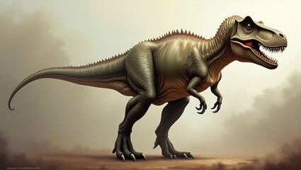 Fototapeta premium Tyrannosaurus Rex illustration, side view, realistic style, pale landscape