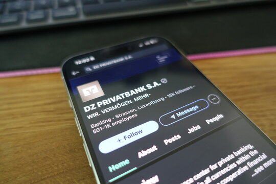 Kiel, Germany - 05-20-2025: DZ PRIVATBANK SA Company Profile on LinkedIn Displayed on a Smartphone &ndash; Banking Sector