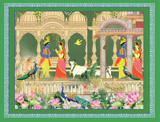 Obraz premium Traditional Mughal garden and seated queen frame illustration, Traditional Mughal temple lattice wall peacock tree pattern illustration, Traditional Mughal forest, garden, arch, peacock, bird