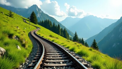 Fototapeta premium Narrow gauge track climbs a grassy hill, scenic vista , travel, perspective