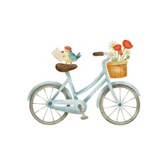 Watercolor illustration of a vintage blue bicycle with a flowers basket and a cute bird holding an envelope in its beak. Perfect for children’s book, greeting card and whimsical decor.