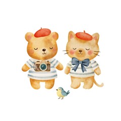 Watercolor illustration with cute teddy bear and cat with camera on vacation in France. Funny animals in red berets and striped t-shirts. Great for postcards, travel design, posters.