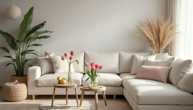 Interior design of spring living room with design sofa, furniture, vase with tulips, easter decorations, pillows and personal accessories. Home decor.