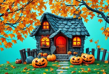 Whimsical Halloween cottage, autumn leaves, carved pumpkins, empty space, october, photo
