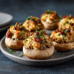 Fototapeta premium Delicious stuffed mushroom caps filled with seasoned cheese and bacon, baked to perfection, served on a stylish plate for appetizer or party snack