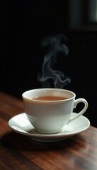 Fototapeta premium White ceramic teacup filled with steaming tea sits on wood Black background provides ample copy space , wooden surface, tea lover, dark background