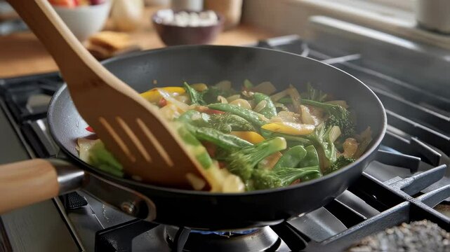 Chef mixes colorful vegetables, including broccolini, bell peppers, and onions, in a black pan using a wooden spatula, cooking them on a gas stove