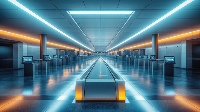 Luggage scanner and screening monitors at a vacant airport checkpoint, ready for passenger processing