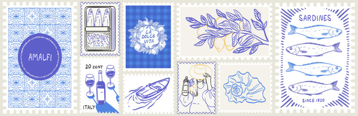 Fototapeta na wymiar Italian Amalfi summer vacation doodle illustrations in stamp frames. Vector ink hand drawn Italy coastal sea and nature, lemons, wine and food elements, prints or invitation card, poster and placard.