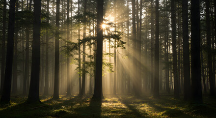 Obraz premium Sunbeams Through Forest: Magical Nature Photo